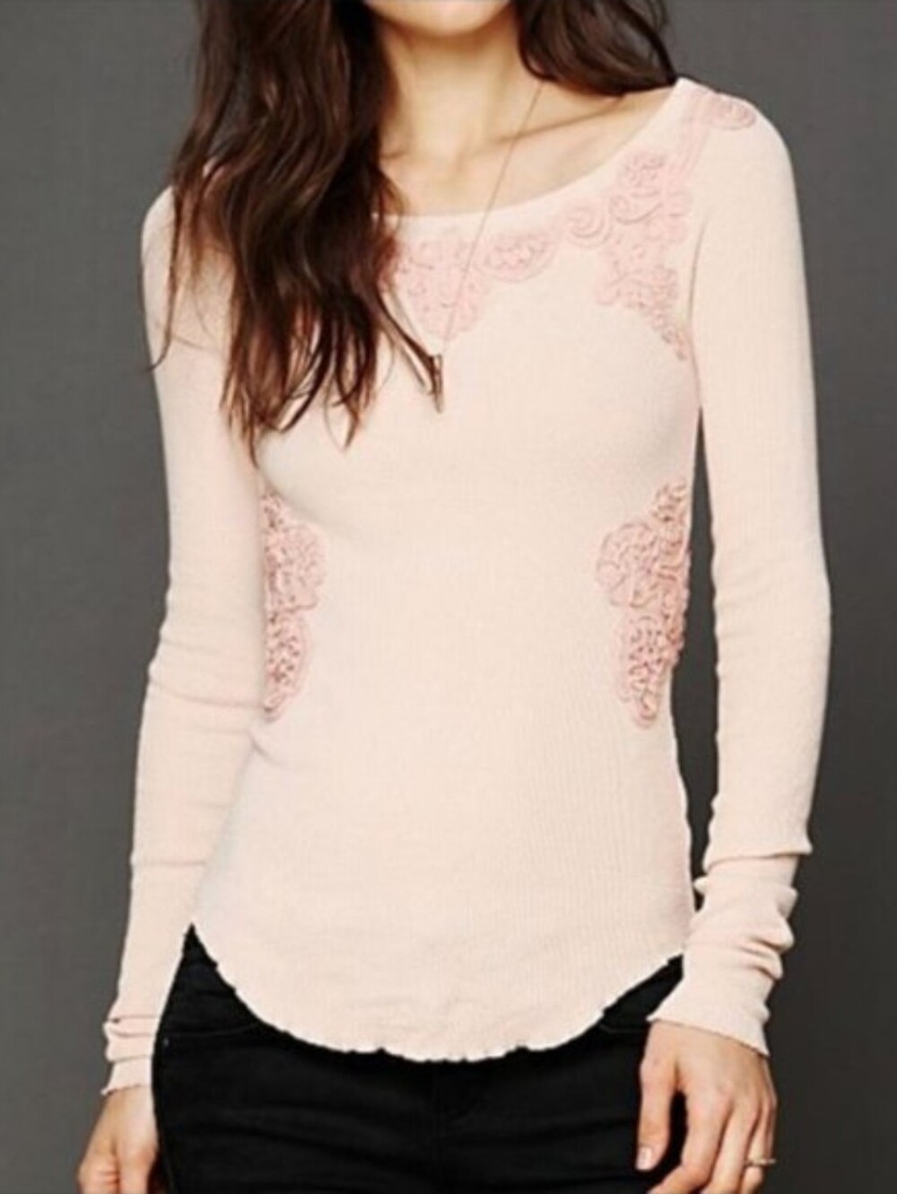 Free People Vintage Pink Floral Applique Knit Top XS